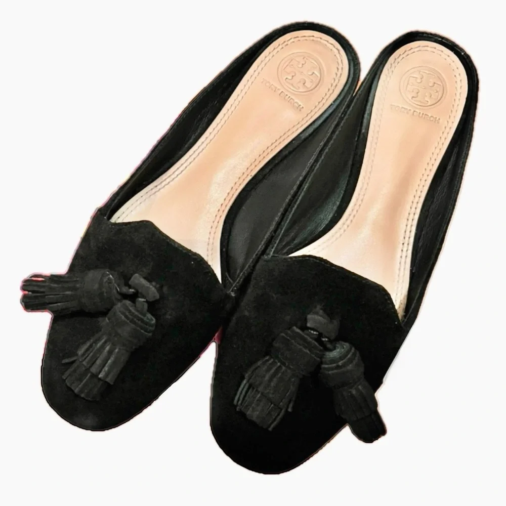 Tory Burch Salinas Tassel Mule Black Suede Slide Size 9